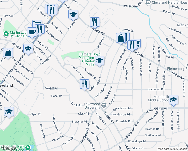 map of restaurants, bars, coffee shops, grocery stores, and more near 914 Caledonia Avenue in Cleveland Heights