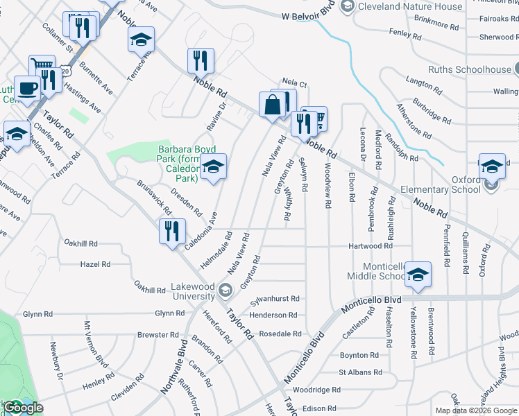 map of restaurants, bars, coffee shops, grocery stores, and more near 924 Nela View Road in Cleveland Heights