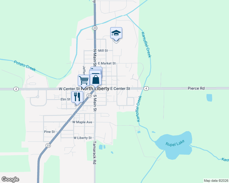 map of restaurants, bars, coffee shops, grocery stores, and more near 101 South Washington Street in North Liberty