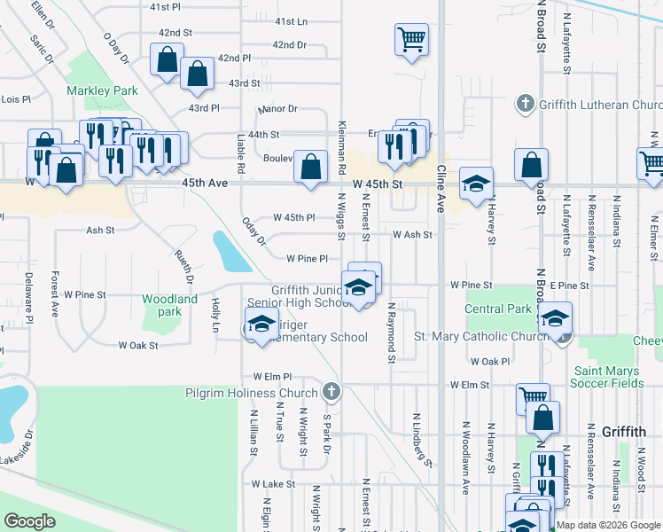 map of restaurants, bars, coffee shops, grocery stores, and more near 910-916 West Pine Place in Griffith