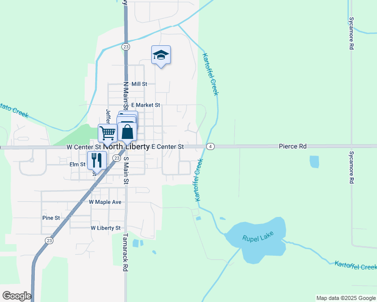 map of restaurants, bars, coffee shops, grocery stores, and more near Pierce Road in North Liberty