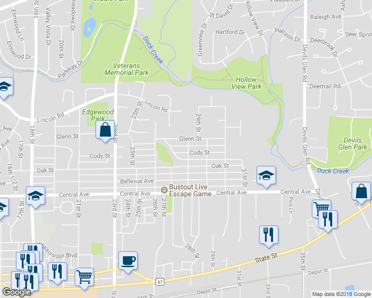 map of restaurants, bars, coffee shops, grocery stores, and more near 1304 28th Street in Bettendorf