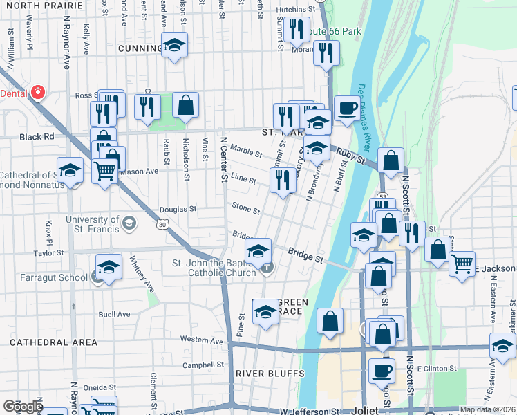 map of restaurants, bars, coffee shops, grocery stores, and more near 614 Summit Street in Joliet