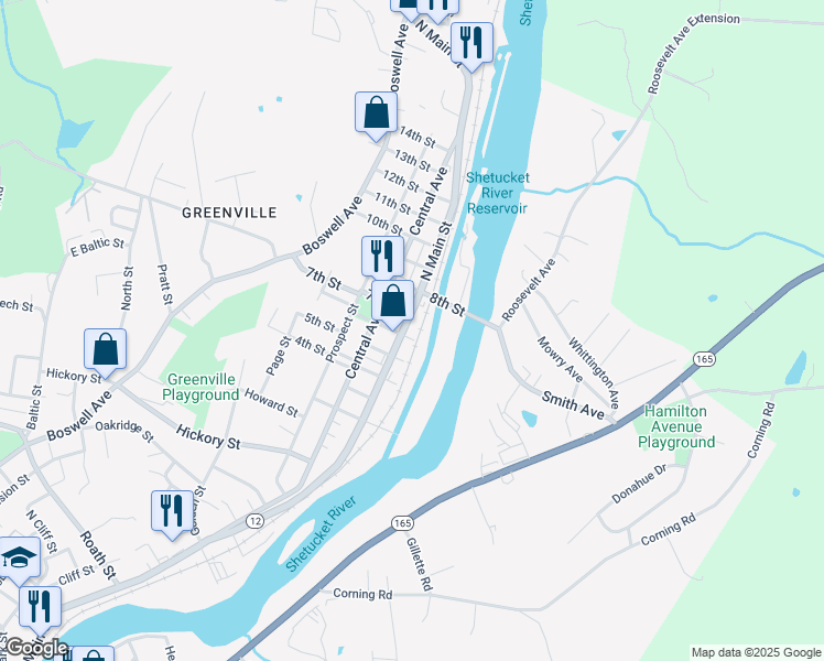 map of restaurants, bars, coffee shops, grocery stores, and more near 485 North Main Street in Norwich