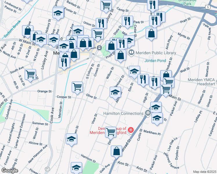 map of restaurants, bars, coffee shops, grocery stores, and more near 66 Willow Street in Meriden