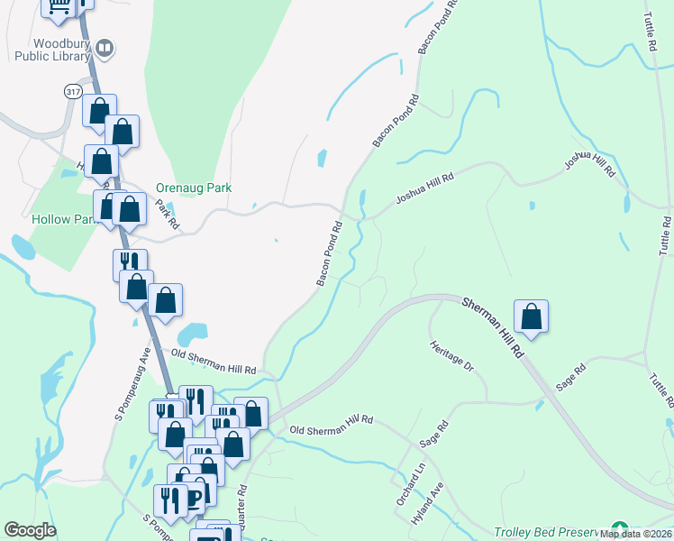 map of restaurants, bars, coffee shops, grocery stores, and more near 221 Bacon Pond Road in Woodbury
