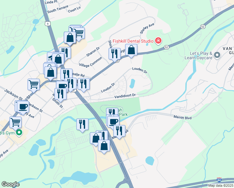 map of restaurants, bars, coffee shops, grocery stores, and more near 22(3A) Village Park Drive in Fishkill