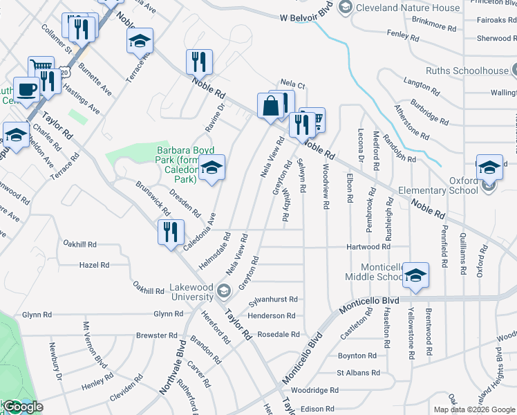 map of restaurants, bars, coffee shops, grocery stores, and more near 924 Nela View Road in Cleveland Heights