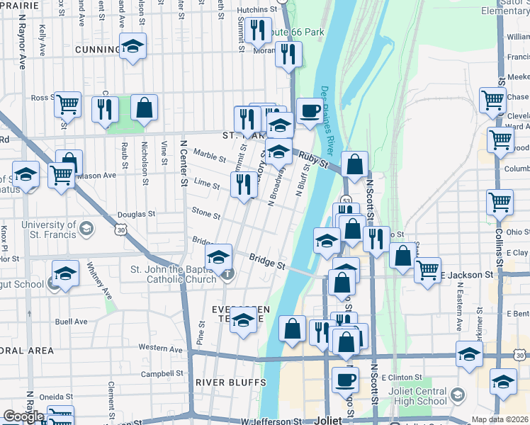 map of restaurants, bars, coffee shops, grocery stores, and more near 624 North Hickory Street in Joliet