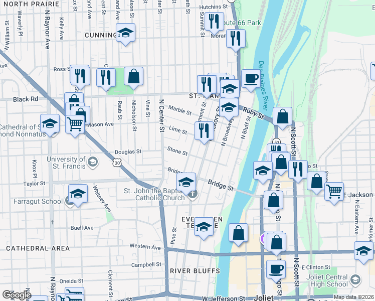map of restaurants, bars, coffee shops, grocery stores, and more near 614 Summit Street in Joliet