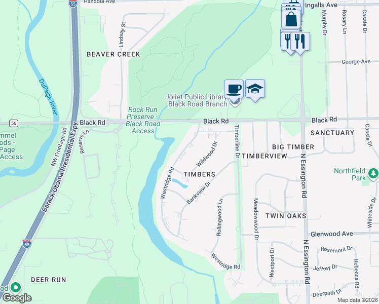 map of restaurants, bars, coffee shops, grocery stores, and more near 712 Westridge Road in Joliet