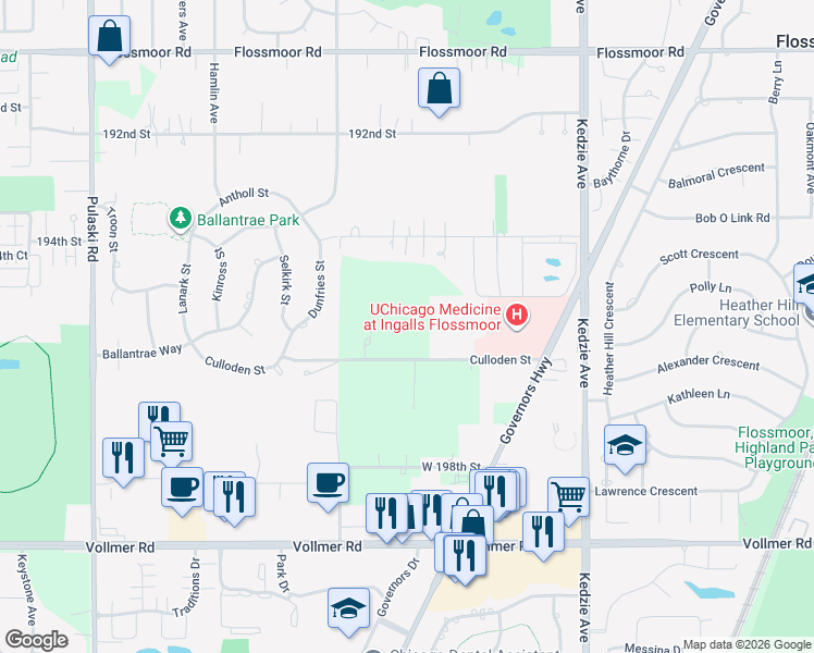 map of restaurants, bars, coffee shops, grocery stores, and more near 3504 196th Street in Homewood