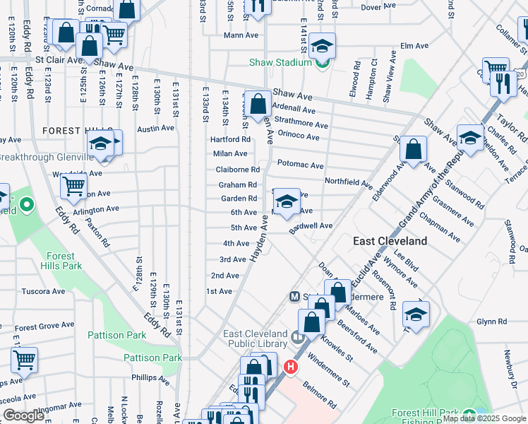 map of restaurants, bars, coffee shops, grocery stores, and more near Hayden Ave & Mayfair Ave in East Cleveland