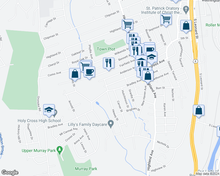 map of restaurants, bars, coffee shops, grocery stores, and more near 140 Bradley Avenue in Waterbury