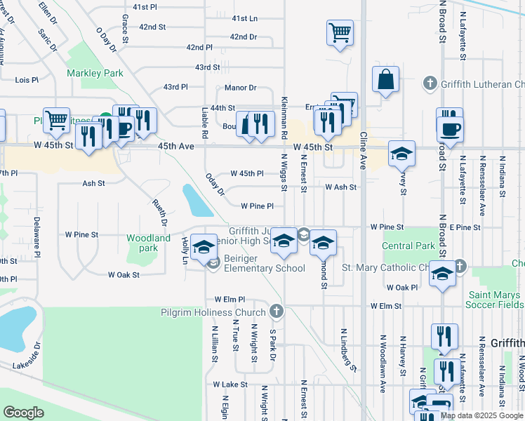 map of restaurants, bars, coffee shops, grocery stores, and more near 910-916 West Pine Place in Griffith