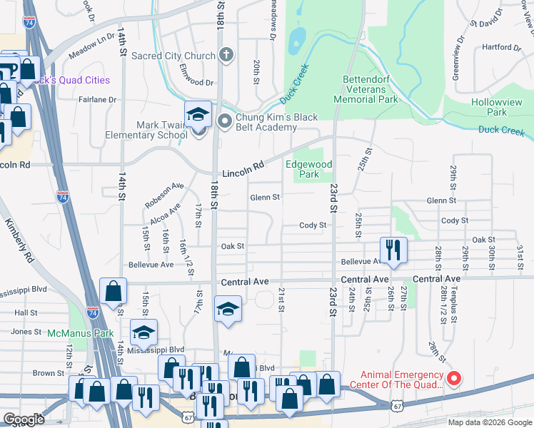 map of restaurants, bars, coffee shops, grocery stores, and more near 2015 Glenn Street in Bettendorf