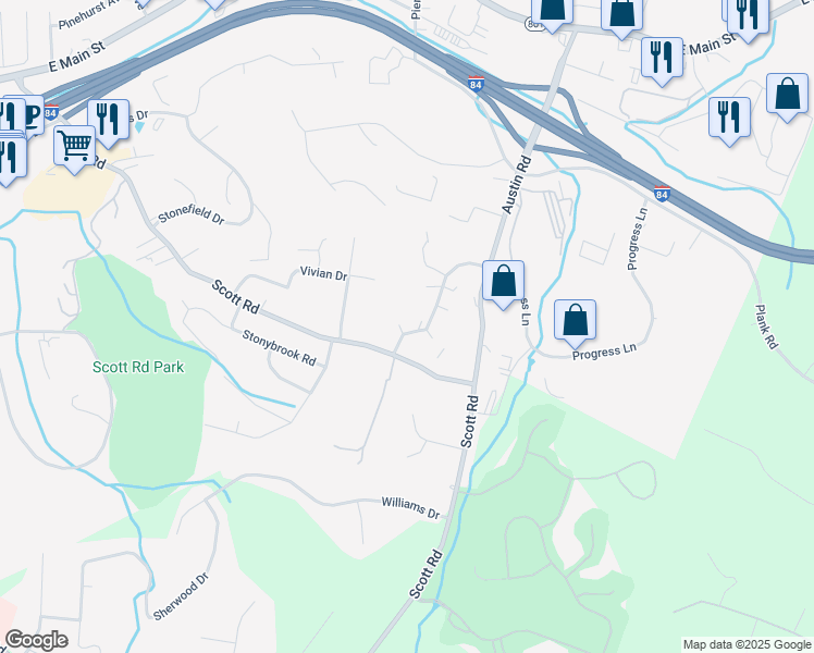 map of restaurants, bars, coffee shops, grocery stores, and more near 39 Village Wood Drive in Waterbury
