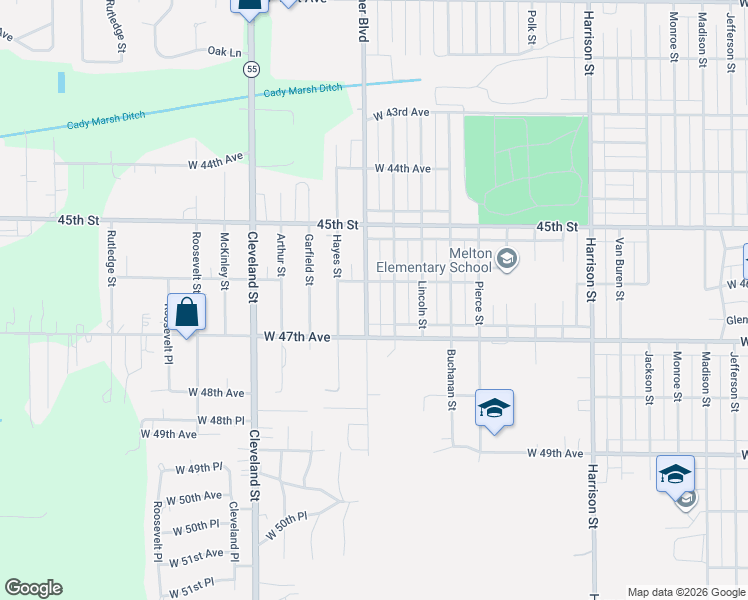map of restaurants, bars, coffee shops, grocery stores, and more near 1555 West 46th Avenue in Gary