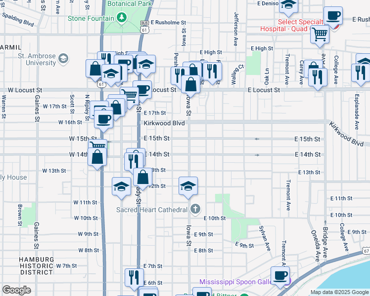 map of restaurants, bars, coffee shops, grocery stores, and more near 1414 Iowa Street in Davenport