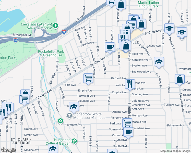 map of restaurants, bars, coffee shops, grocery stores, and more near 815 East 95th Street in Cleveland