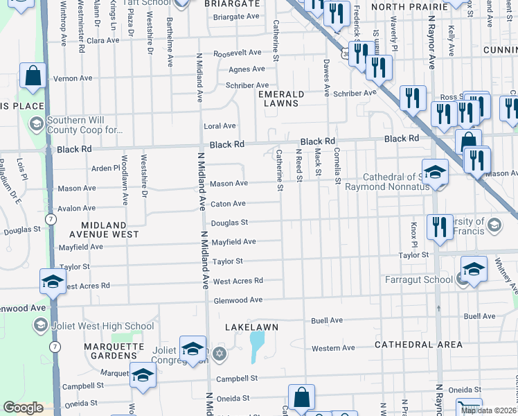 map of restaurants, bars, coffee shops, grocery stores, and more near 613 Catherine Street in Joliet