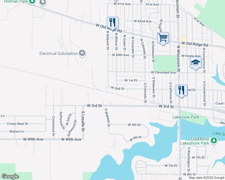 map of restaurants, bars, coffee shops, grocery stores, and more near 1628 West 2nd Street in Hobart