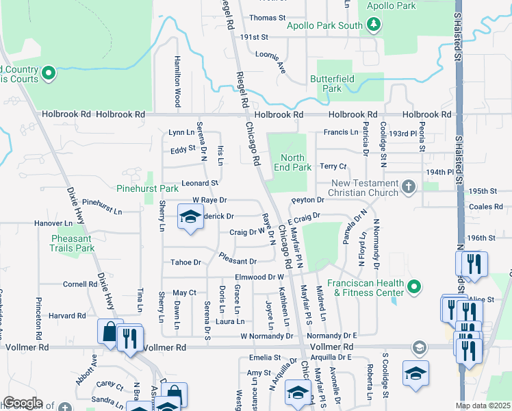 map of restaurants, bars, coffee shops, grocery stores, and more near 160 West Raye Drive in Chicago Heights