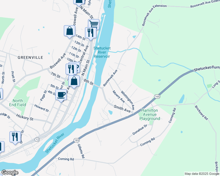 map of restaurants, bars, coffee shops, grocery stores, and more near 14 Mowry Avenue in Norwich