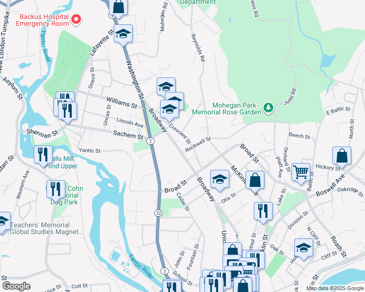 map of restaurants, bars, coffee shops, grocery stores, and more near 275 Broadway in Norwich