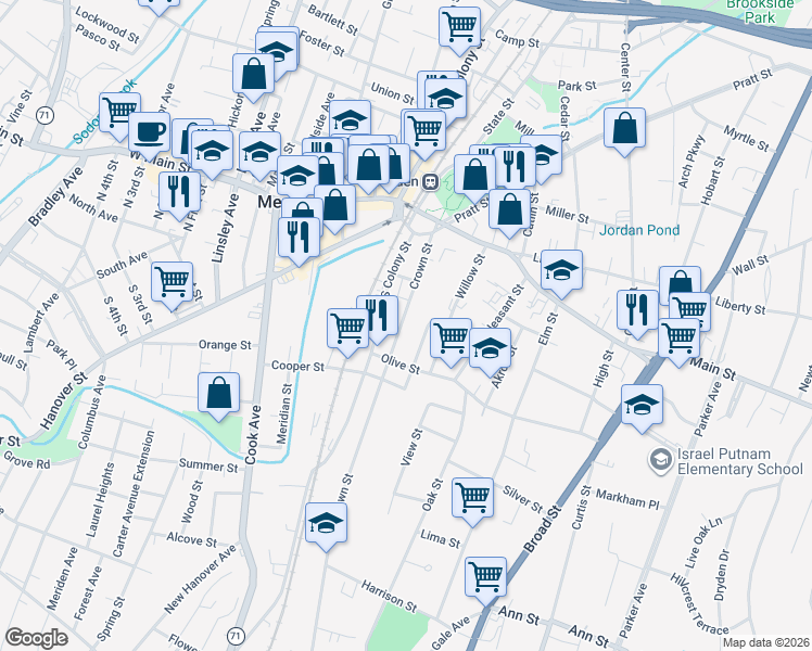 map of restaurants, bars, coffee shops, grocery stores, and more near 99 Crown Street in Meriden