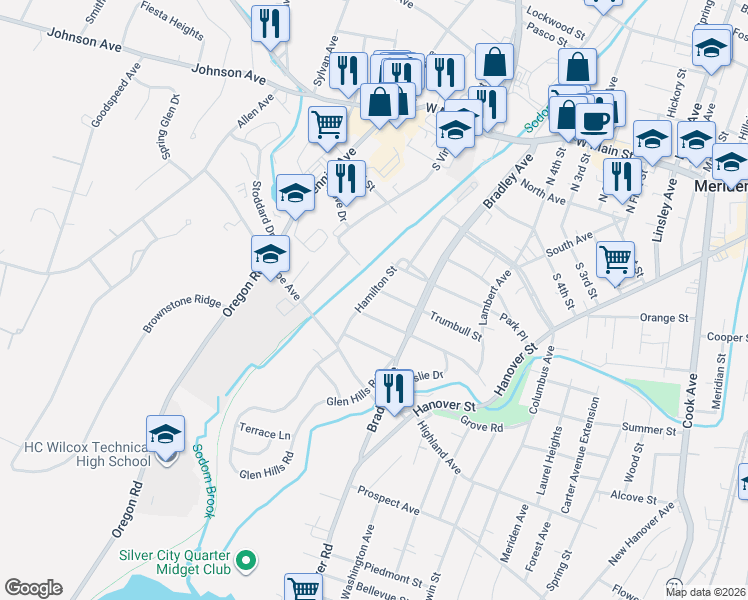 map of restaurants, bars, coffee shops, grocery stores, and more near 205 Hamilton Street in Meriden