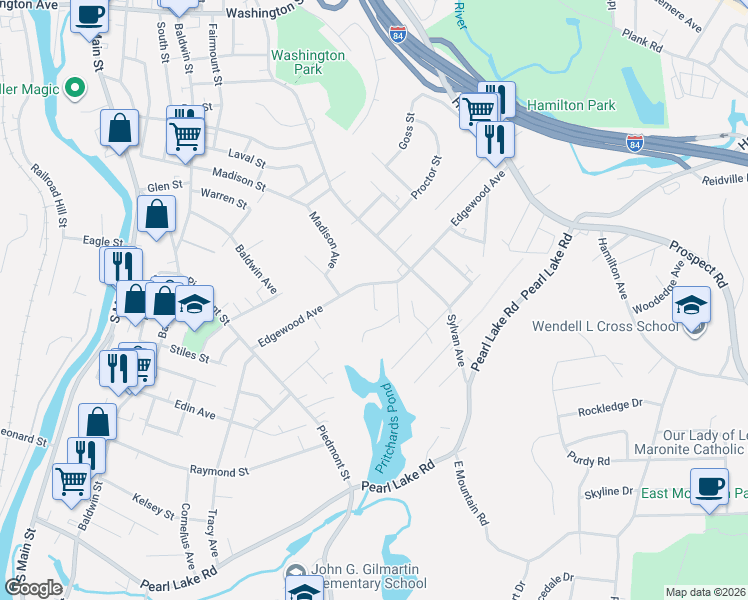 map of restaurants, bars, coffee shops, grocery stores, and more near 156 Edgewood Avenue in Waterbury