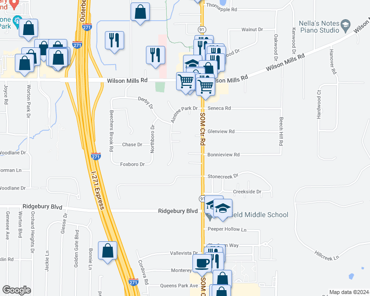 map of restaurants, bars, coffee shops, grocery stores, and more near 899 Aintree Park Drive in Mayfield
