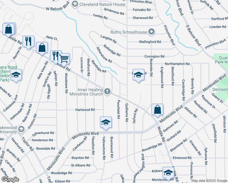 map of restaurants, bars, coffee shops, grocery stores, and more near 936 Nobleshire Road in Cleveland Heights