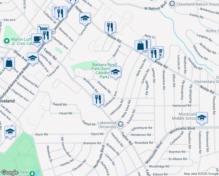 map of restaurants, bars, coffee shops, grocery stores, and more near 914 Caledonia Avenue in Cleveland Heights