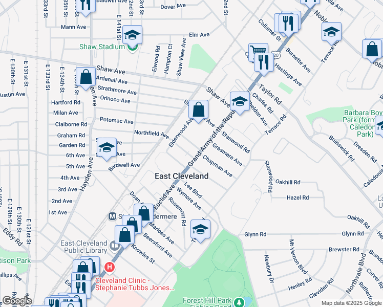 map of restaurants, bars, coffee shops, grocery stores, and more near 14913 Euclid Avenue in East Cleveland