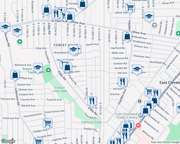 map of restaurants, bars, coffee shops, grocery stores, and more near 12805 Arlington Avenue in Cleveland