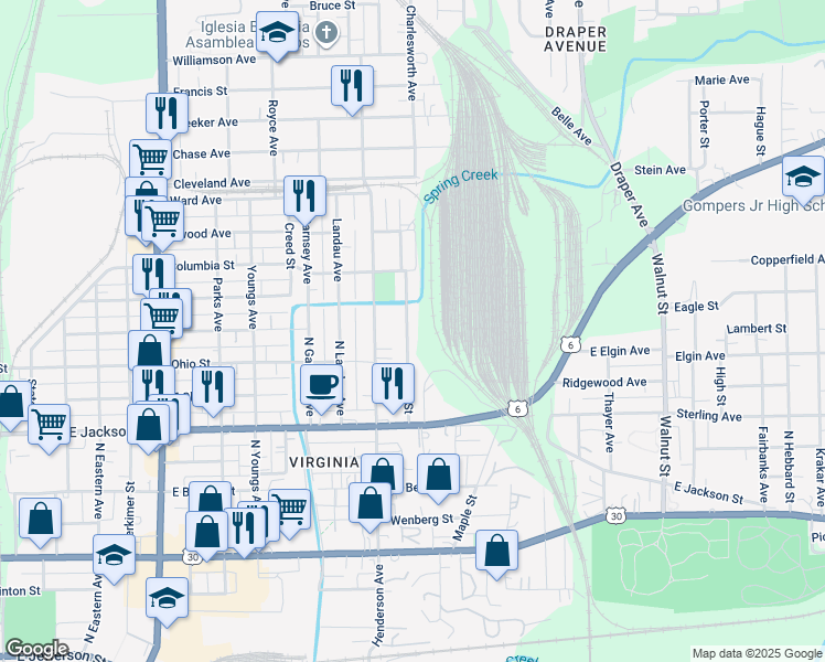 map of restaurants, bars, coffee shops, grocery stores, and more near 519 Abe Street in Joliet
