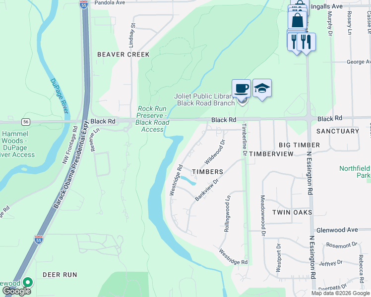 map of restaurants, bars, coffee shops, grocery stores, and more near 701 Westridge Road in Joliet