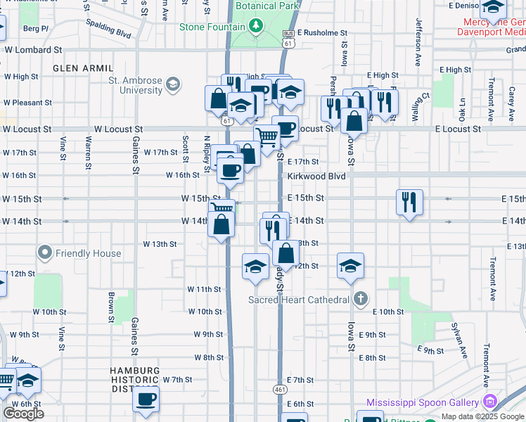 map of restaurants, bars, coffee shops, grocery stores, and more near 1506 Brady Street in Davenport
