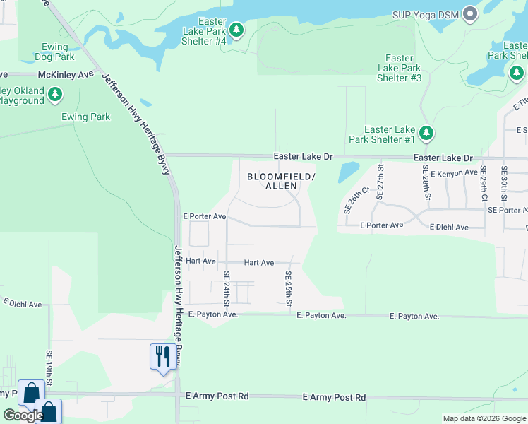 map of restaurants, bars, coffee shops, grocery stores, and more near 2448 East Kenyon Avenue in Des Moines