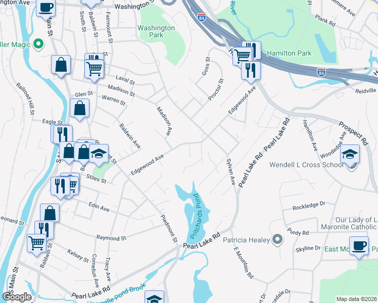 map of restaurants, bars, coffee shops, grocery stores, and more near 156 Edgewood Avenue in Waterbury