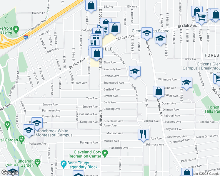 map of restaurants, bars, coffee shops, grocery stores, and more near 10535 Garfield Avenue in Cleveland