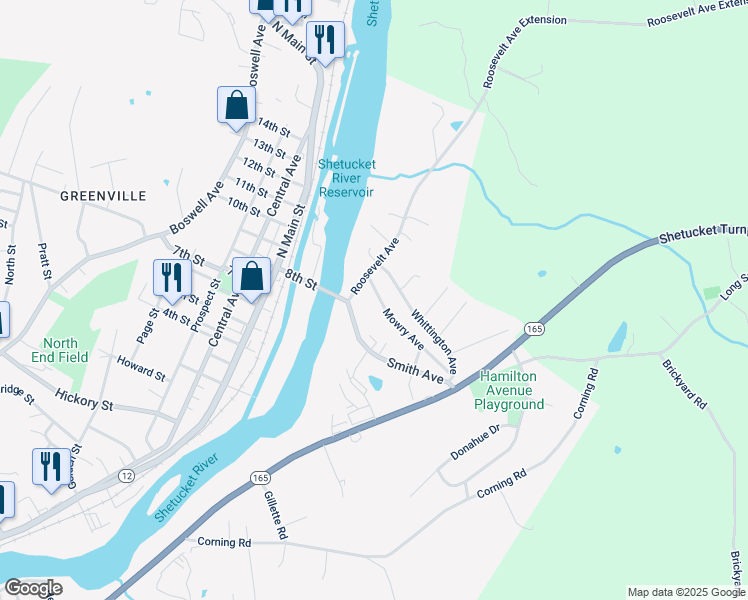 map of restaurants, bars, coffee shops, grocery stores, and more near 14 Mowry Avenue in Norwich