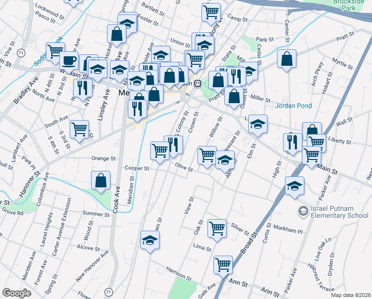 map of restaurants, bars, coffee shops, grocery stores, and more near 99 Crown Street in Meriden