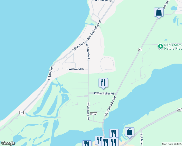 map of restaurants, bars, coffee shops, grocery stores, and more near 3725 East Vineyard Village Drive in Port Clinton