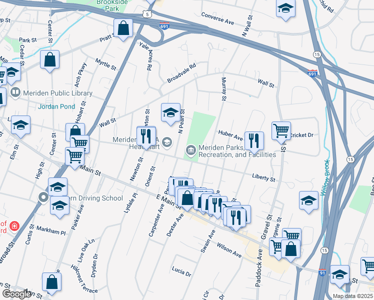 map of restaurants, bars, coffee shops, grocery stores, and more near 444 Liberty Street in Meriden