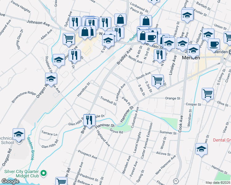 map of restaurants, bars, coffee shops, grocery stores, and more near 101 Lambert Avenue in Meriden