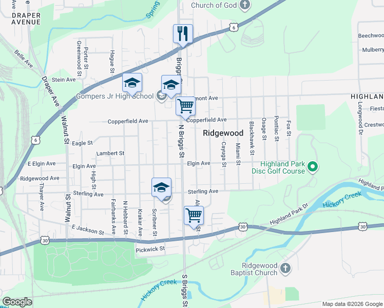 map of restaurants, bars, coffee shops, grocery stores, and more near 517 Algonquin Street in Joliet