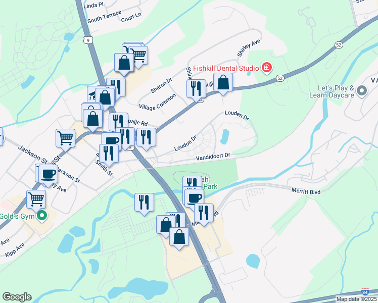 map of restaurants, bars, coffee shops, grocery stores, and more near 25 Village Park Drive in Fishkill